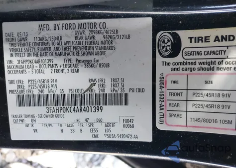 2010 Ford Fusion Sport from USA, damaged, VIN 3FAHP0KC4AR401399